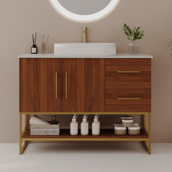 English Elm 36 Inch Freestanding Bathroom Vanity with Ceramic Vessel Sink and Brushed Gold Base Walnut / Gold + White W3136S00136