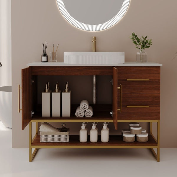 English Elm 36 Inch Freestanding Bathroom Vanity with Ceramic Vessel Sink and Brushed Gold Base Walnut / Gold + White W3136S00136