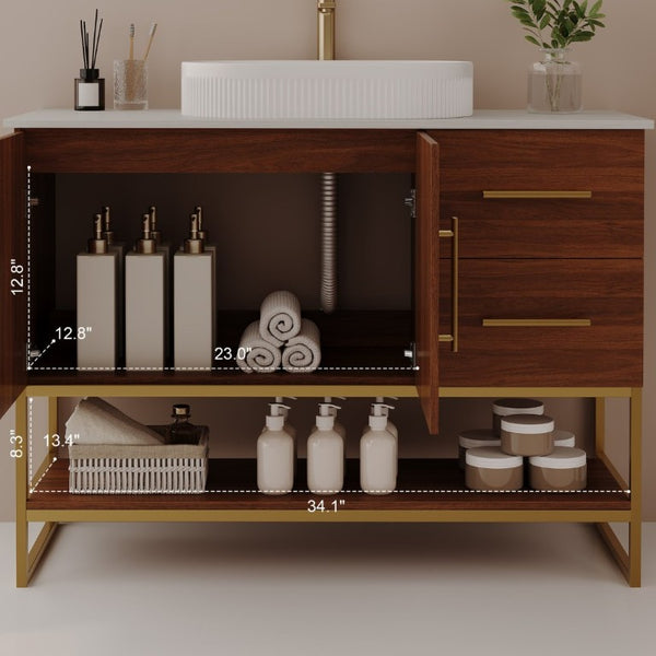 English Elm 36 Inch Freestanding Bathroom Vanity with Ceramic Vessel Sink and Brushed Gold Base Walnut / Gold + White W3136S00136