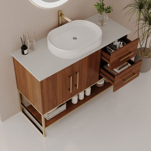 English Elm 36 Inch Freestanding Bathroom Vanity with Ceramic Vessel Sink and Brushed Gold Base Walnut / Gold + White W3136S00136