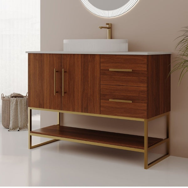 English Elm 36 Inch Freestanding Bathroom Vanity with Ceramic Vessel Sink and Brushed Gold Base Walnut / Gold + White W3136S00136