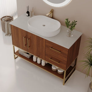 English Elm 36 Inch Freestanding Bathroom Vanity with Ceramic Vessel Sink and Brushed Gold Base Walnut / Gold + White W3136S00136