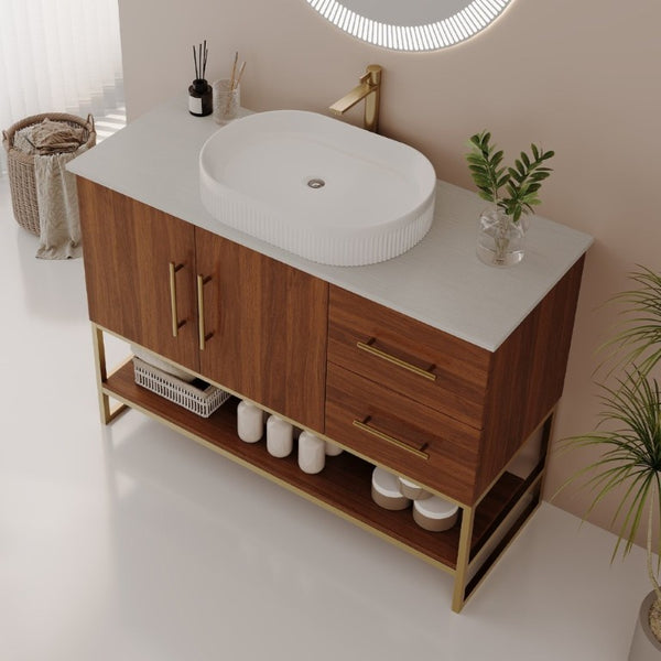 English Elm 36 Inch Freestanding Bathroom Vanity with Ceramic Vessel Sink and Brushed Gold Base Walnut / Gold + White W3136S00136
