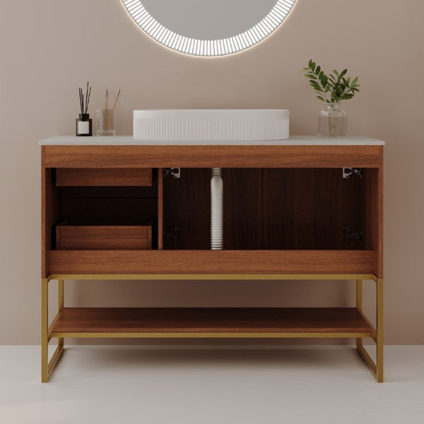 English Elm 36 Inch Freestanding Bathroom Vanity with Ceramic Vessel Sink and Brushed Gold Base Walnut / Gold + White W3136S00136