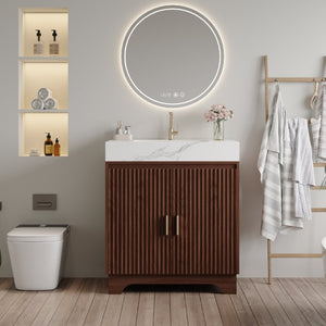 English Elm 30 Inch Freestanding Bathroom Vanity with Sintered Stone Top and Integrated Ceramic Sink Walnut / White - A W3136S00137