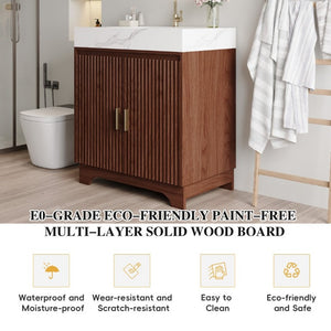 English Elm 30 Inch Freestanding Bathroom Vanity with Sintered Stone Top and Integrated Ceramic Sink Walnut / White - A W3136S00137