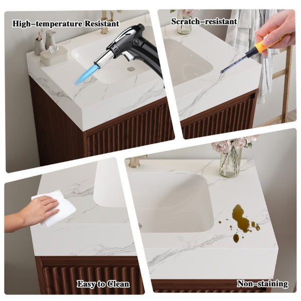 English Elm 30 Inch Freestanding Bathroom Vanity with Sintered Stone Top and Integrated Ceramic Sink Walnut / White - A W3136S00137