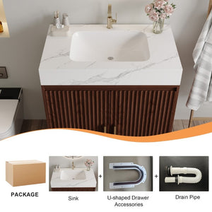 English Elm 30 Inch Freestanding Bathroom Vanity with Sintered Stone Top and Integrated Ceramic Sink Walnut / White - A W3136S00137