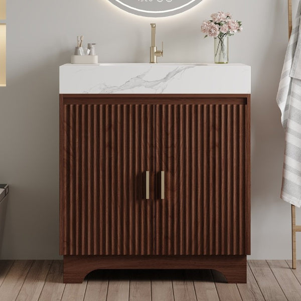 English Elm 30 Inch Freestanding Bathroom Vanity with Sintered Stone Top and Integrated Ceramic Sink Walnut / White - A W3136S00137