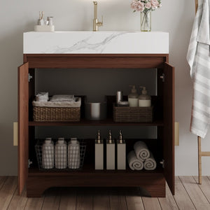 English Elm 30 Inch Freestanding Bathroom Vanity with Sintered Stone Top and Integrated Ceramic Sink Walnut / White - A W3136S00137