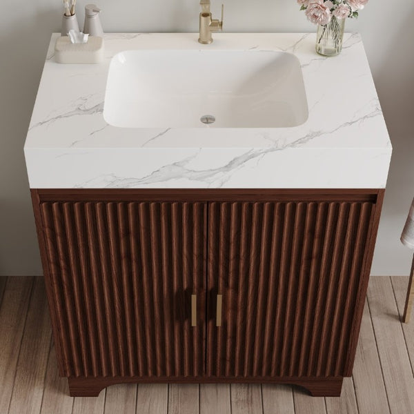 English Elm 30 Inch Freestanding Bathroom Vanity with Sintered Stone Top and Integrated Ceramic Sink Walnut / White - A W3136S00137