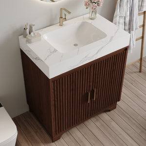English Elm 30 Inch Freestanding Bathroom Vanity with Sintered Stone Top and Integrated Ceramic Sink Walnut / White - A W3136S00137