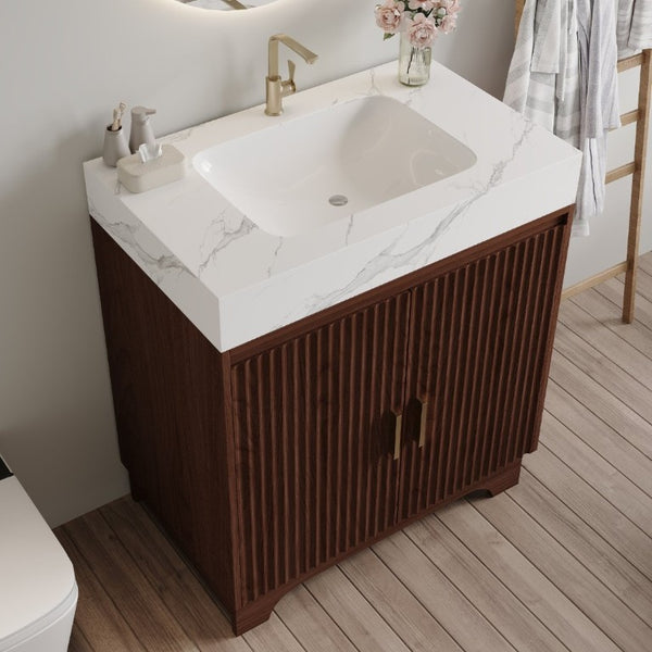 English Elm 30 Inch Freestanding Bathroom Vanity with Sintered Stone Top and Integrated Ceramic Sink Walnut / White - A W3136S00137