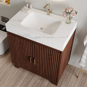 English Elm 30 Inch Freestanding Bathroom Vanity with Sintered Stone Top and Integrated Ceramic Sink Walnut / White - A W3136S00137