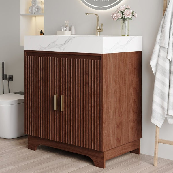 English Elm 30 Inch Freestanding Bathroom Vanity with Sintered Stone Top and Integrated Ceramic Sink Walnut / White - A W3136S00137