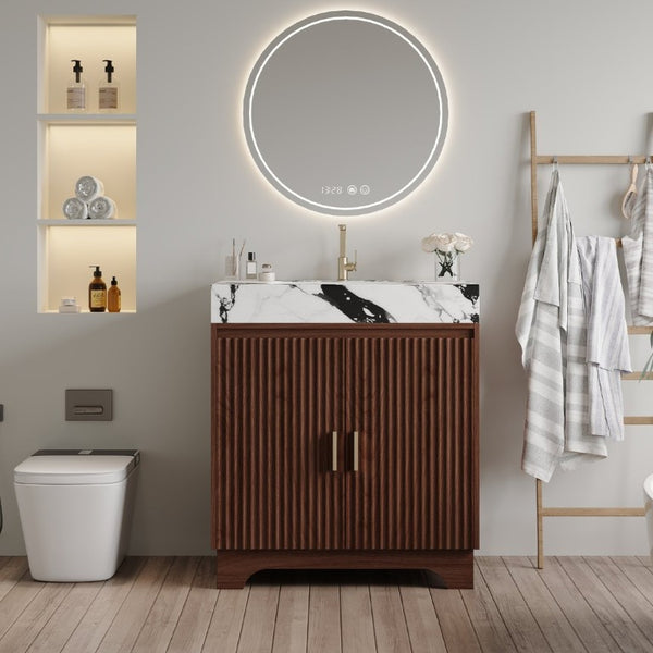 English Elm 30 Inch Freestanding Bathroom Vanity with Sintered Stone Top and Integrated Ceramic Sink Walnut / White - B W3136S00138