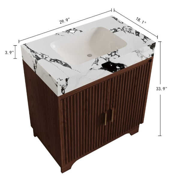 English Elm 30 Inch Freestanding Bathroom Vanity with Sintered Stone Top and Integrated Ceramic Sink Walnut / White - B W3136S00138