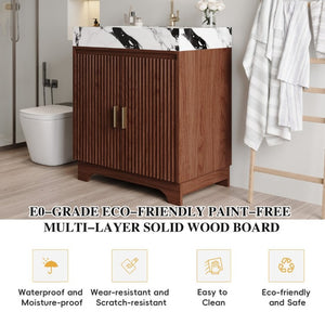 English Elm 30 Inch Freestanding Bathroom Vanity with Sintered Stone Top and Integrated Ceramic Sink Walnut / White - B W3136S00138
