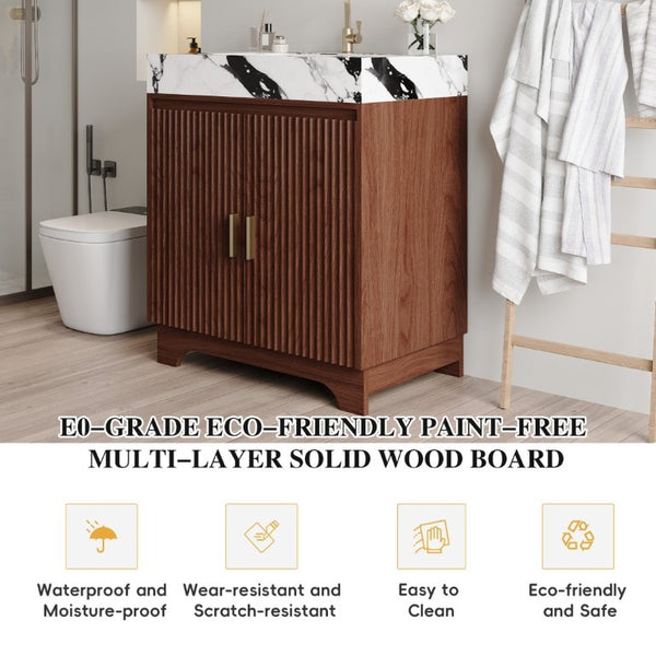 English Elm 30 Inch Freestanding Bathroom Vanity with Sintered Stone Top and Integrated Ceramic Sink Walnut / White - B W3136S00138