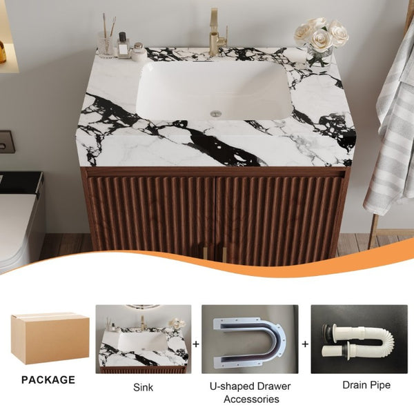 English Elm 30 Inch Freestanding Bathroom Vanity with Sintered Stone Top and Integrated Ceramic Sink Walnut / White - B W3136S00138