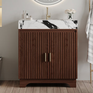 English Elm 30 Inch Freestanding Bathroom Vanity with Sintered Stone Top and Integrated Ceramic Sink Walnut / White - B W3136S00138