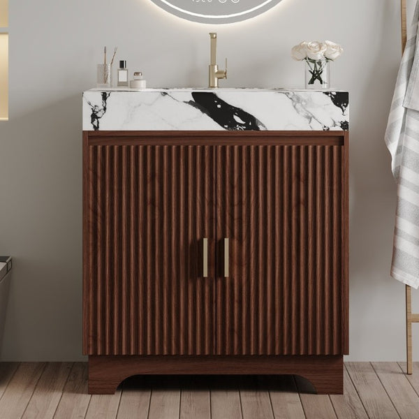 English Elm 30 Inch Freestanding Bathroom Vanity with Sintered Stone Top and Integrated Ceramic Sink Walnut / White - B W3136S00138
