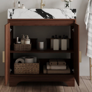English Elm 30 Inch Freestanding Bathroom Vanity with Sintered Stone Top and Integrated Ceramic Sink Walnut / White - B W3136S00138