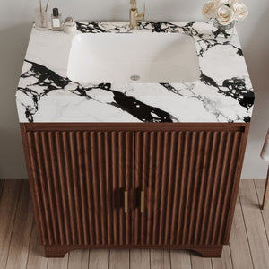 English Elm 30 Inch Freestanding Bathroom Vanity with Sintered Stone Top and Integrated Ceramic Sink Walnut / White - B W3136S00138