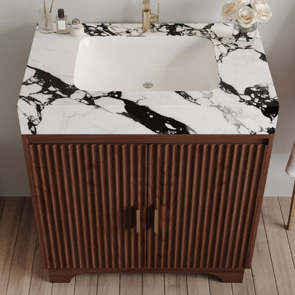 English Elm 30 Inch Freestanding Bathroom Vanity with Sintered Stone Top and Integrated Ceramic Sink Walnut / White - B W3136S00138