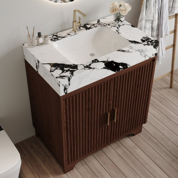 English Elm 30 Inch Freestanding Bathroom Vanity with Sintered Stone Top and Integrated Ceramic Sink Walnut / White - B W3136S00138