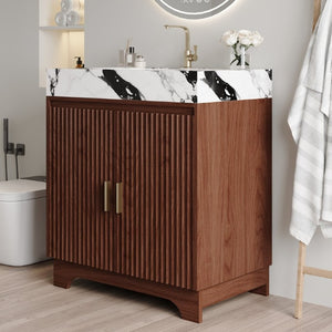 English Elm 30 Inch Freestanding Bathroom Vanity with Sintered Stone Top and Integrated Ceramic Sink Walnut / White - B W3136S00138