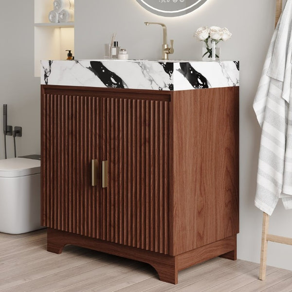 English Elm 30 Inch Freestanding Bathroom Vanity with Sintered Stone Top and Integrated Ceramic Sink Walnut / White - B W3136S00138