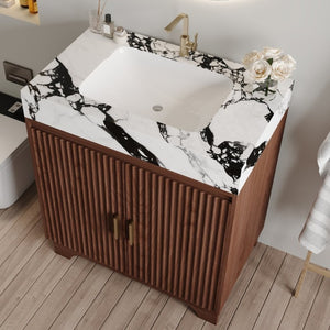 English Elm 30 Inch Freestanding Bathroom Vanity with Sintered Stone Top and Integrated Ceramic Sink Walnut / White - B W3136S00138