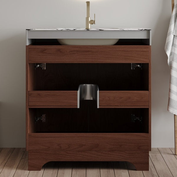 English Elm 30 Inch Freestanding Bathroom Vanity with Sintered Stone Top and Integrated Ceramic Sink Walnut / White - B W3136S00138