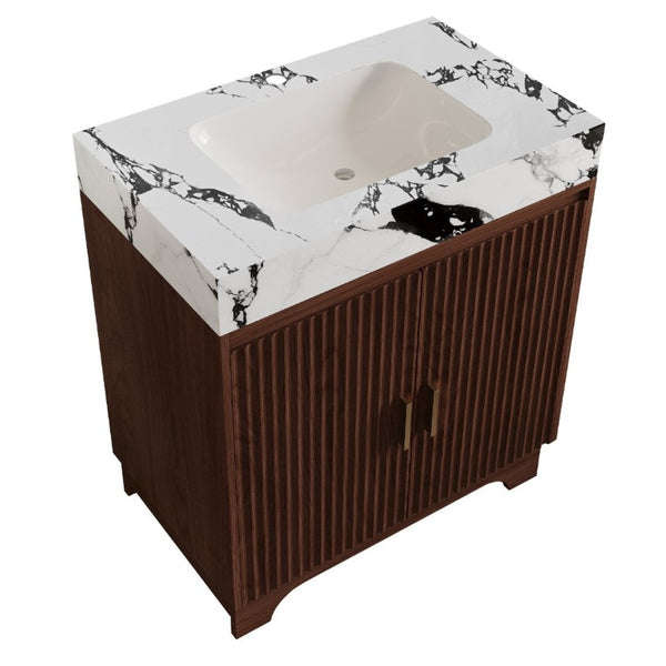 English Elm 30 Inch Freestanding Bathroom Vanity with Sintered Stone Top and Integrated Ceramic Sink Walnut / White - B W3136S00138