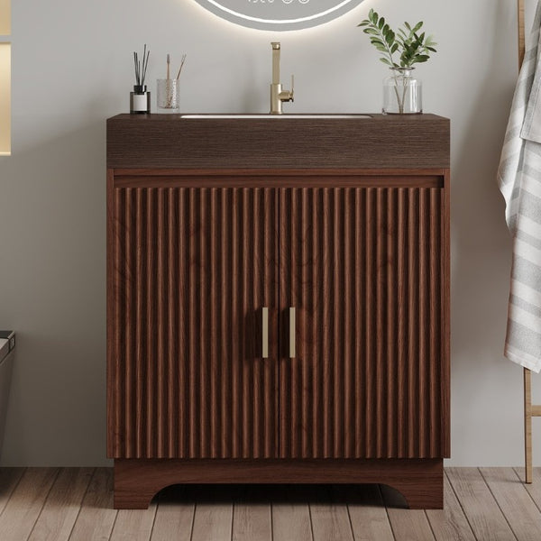 English Elm 30 Inch Freestanding Bathroom Vanity with Sintered Stone Top and Integrated Ceramic Sink Brown / Walnut W3136S00139