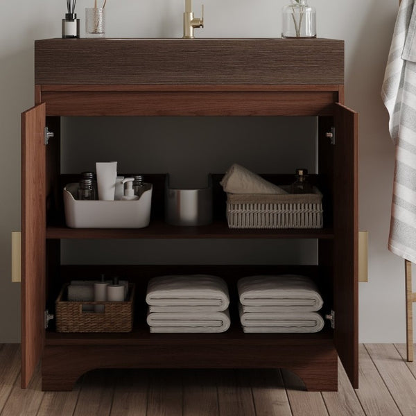 English Elm 30 Inch Freestanding Bathroom Vanity with Sintered Stone Top and Integrated Ceramic Sink Brown / Walnut W3136S00139