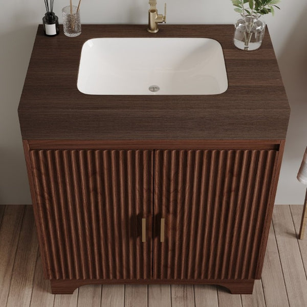 English Elm 30 Inch Freestanding Bathroom Vanity with Sintered Stone Top and Integrated Ceramic Sink Brown / Walnut W3136S00139
