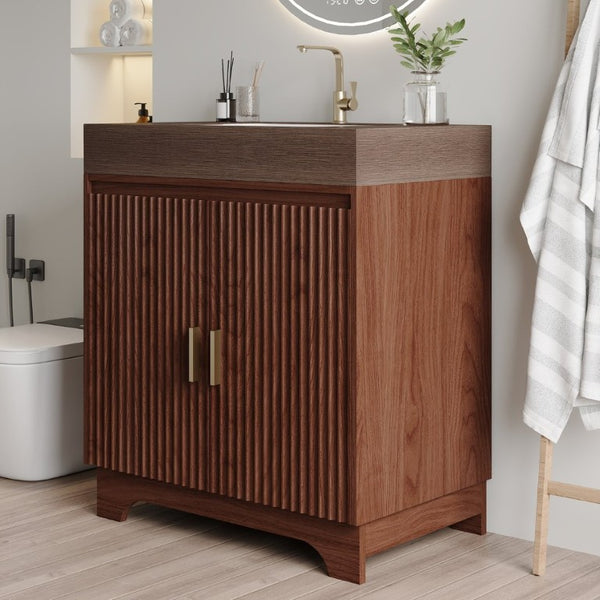 English Elm 30 Inch Freestanding Bathroom Vanity with Sintered Stone Top and Integrated Ceramic Sink Brown / Walnut W3136S00139