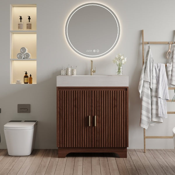 English Elm 30 Inch Freestanding Bathroom Vanity with Sintered Stone Top and Integrated Ceramic Sink Brown / Stone Gray W3136S00140