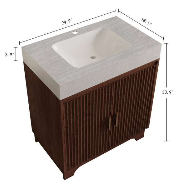 English Elm 30 Inch Freestanding Bathroom Vanity with Sintered Stone Top and Integrated Ceramic Sink Brown / Stone Gray W3136S00140