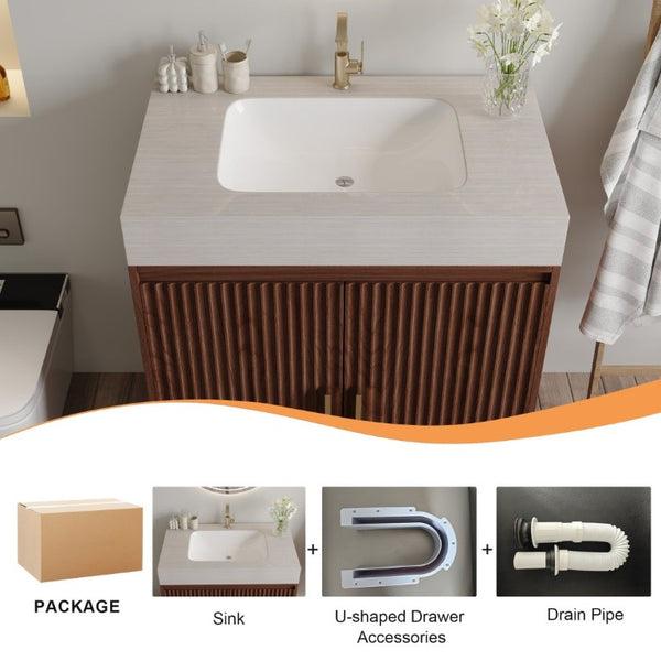 English Elm 30 Inch Freestanding Bathroom Vanity with Sintered Stone Top and Integrated Ceramic Sink Brown / Stone Gray W3136S00140