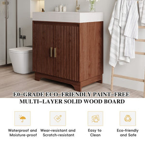 English Elm 30 Inch Freestanding Bathroom Vanity with Sintered Stone Top and Integrated Ceramic Sink Brown / Stone Gray W3136S00140