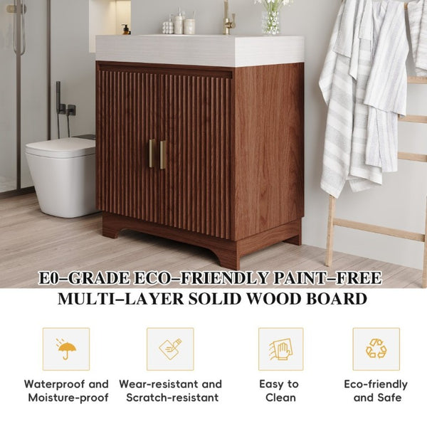 English Elm 30 Inch Freestanding Bathroom Vanity with Sintered Stone Top and Integrated Ceramic Sink Brown / Stone Gray W3136S00140