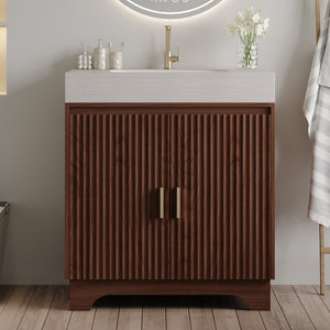 English Elm 30 Inch Freestanding Bathroom Vanity with Sintered Stone Top and Integrated Ceramic Sink Brown / Stone Gray W3136S00140