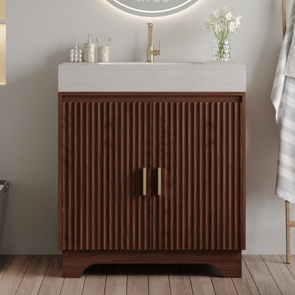 English Elm 30 Inch Freestanding Bathroom Vanity with Sintered Stone Top and Integrated Ceramic Sink Brown / Stone Gray W3136S00140