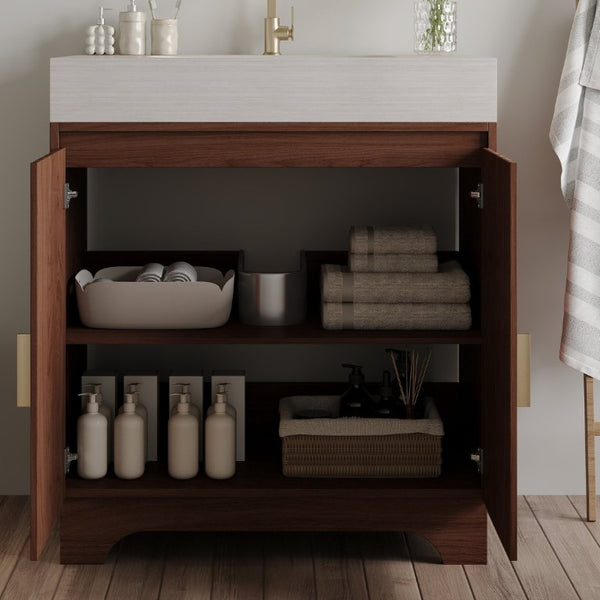 English Elm 30 Inch Freestanding Bathroom Vanity with Sintered Stone Top and Integrated Ceramic Sink Brown / Stone Gray W3136S00140