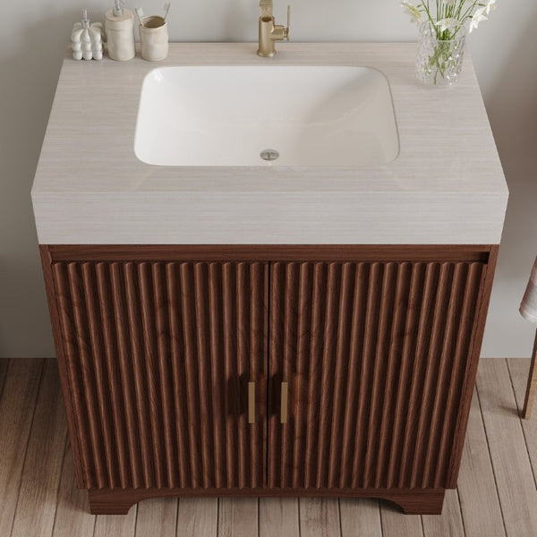 English Elm 30 Inch Freestanding Bathroom Vanity with Sintered Stone Top and Integrated Ceramic Sink Brown / Stone Gray W3136S00140