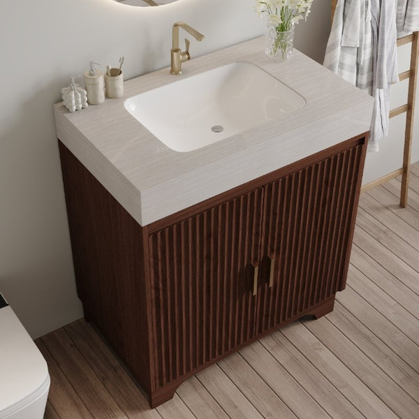English Elm 30 Inch Freestanding Bathroom Vanity with Sintered Stone Top and Integrated Ceramic Sink Brown / Stone Gray W3136S00140