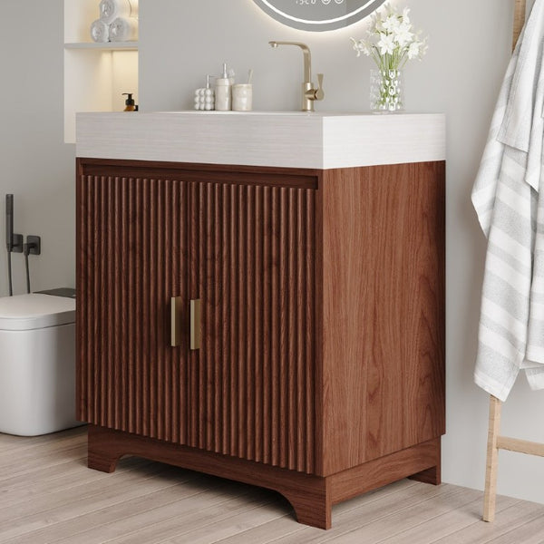 English Elm 30 Inch Freestanding Bathroom Vanity with Sintered Stone Top and Integrated Ceramic Sink Brown / Stone Gray W3136S00140